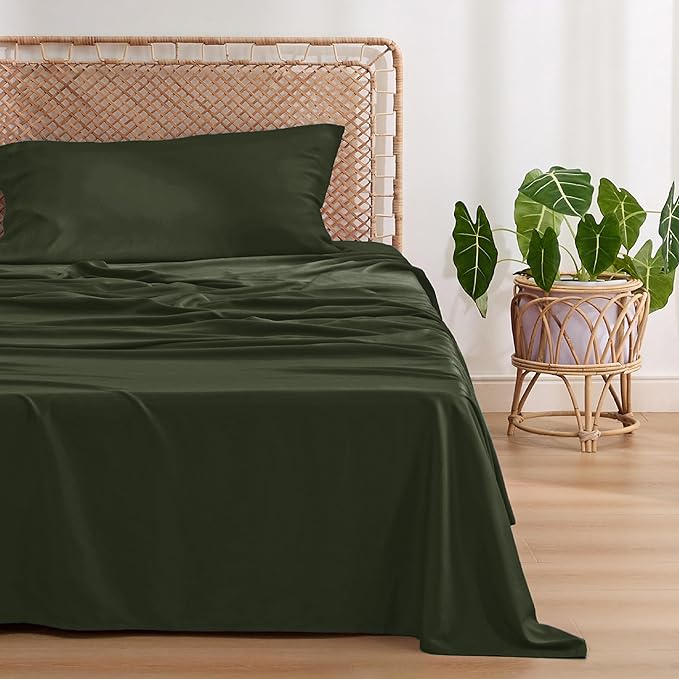Bedsure Twin XL Sheet Set Dorm Bedding, Cooling Sheets Twin Extra Long Sheets, Rayon Derived from Bamboo, Deep Pocket Up to 16", Hotel Luxury Silky Bedding Sheets & Pillowcases, Olive green - LeafyLoom