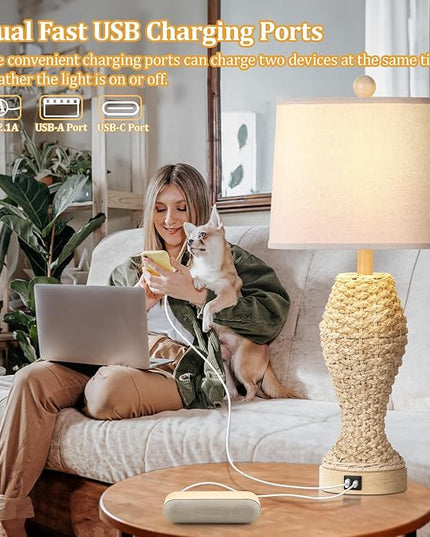 TOBUSA Rattan Table lamps for Bedroom Set of 2, 26.5inch Woven Bedside Lamps with USB C+A, Farmhouse Table Lamps for Nightstand, Coastal Seagrass Lamps for Living Room, End Table (E26 Bulbs Included) - LeafyLoom