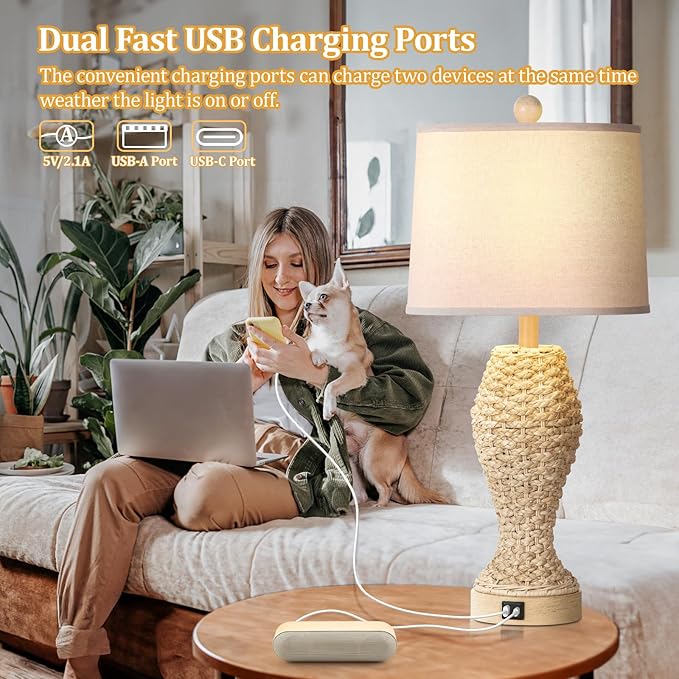 TOBUSA Rattan Table lamps for Bedroom Set of 2, 26.5inch Woven Bedside Lamps with USB C+A, Farmhouse Table Lamps for Nightstand, Coastal Seagrass Lamps for Living Room, End Table (E26 Bulbs Included) - LeafyLoom