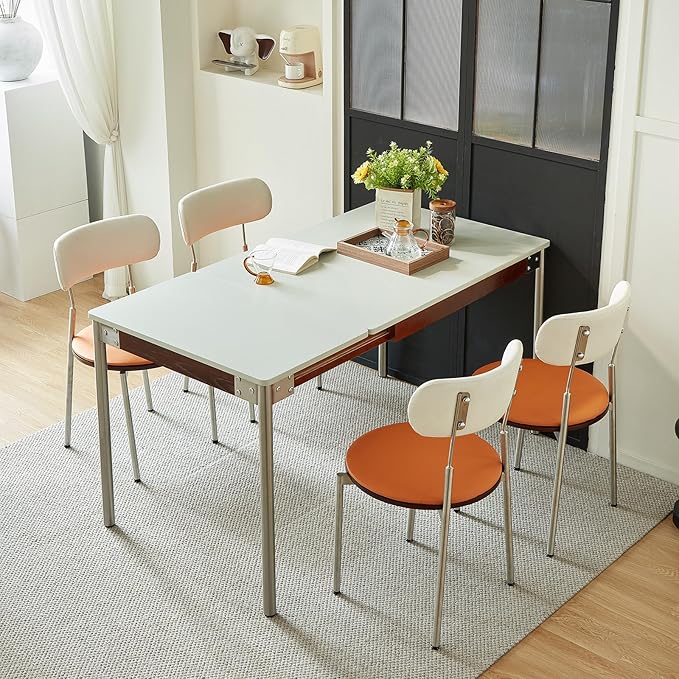 Modern Expandable Dining Table，Rectangular Kitchen Wooden Table with Stainless Steel Legs for Dinner Small Spaces， Space-Saving Foldable Table - LeafyLoom