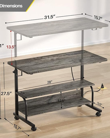 Height Adjustable Standing Desk with Power Outlets, 32" Manual Stand Up Desk with Storage Shelves Small Mobile Rolling Computer Desk Portable Laptop Table with Wheels for Home Office, Grey Oak - LeafyLoom