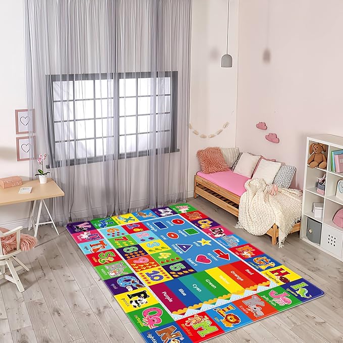 Baby Play Mat Kids Rug for Playroom, Playtime Collection ABC, Numbers, Animals, Rainbow and Shapes Educational Area Rugs for Kids Room Classroom, 59x 39.4 inch - LeafyLoom