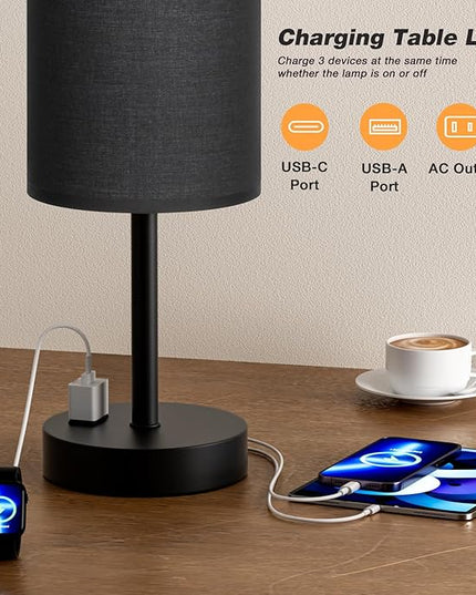 Touch Nightstand Lamp - Black, 3-Way Dimmable, USB A + C Charging, AC Outlet, 17.4inch Medium - LeafyLoom