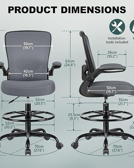 FelixKing Drafting Chair Ergonomic Tall Office Chair, Breathable Mesh Chair with Adjustable Footrest Ring Lumbar Support Flip-up Armrests, High Back Executive Comfy Task Computer Chair for Home Office - LeafyLoom