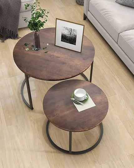 Industrial Round Coffee Table Set of 2 End Table for Living Room,Stacking Side Tables, Sturdy and Easy Assembly,Wood Look Accent Furniture with Metal Frame,Black+Rustic Brown - LeafyLoom