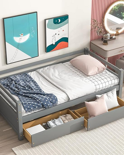 Twin Daybed with 2 Storage Drawers,Pinewood Twin Size Daybed Frame with Guardrail,for Boys/Girls/Teens Bedroom, Easy to Assemble, No Box Spring Needed,Grey - LeafyLoom