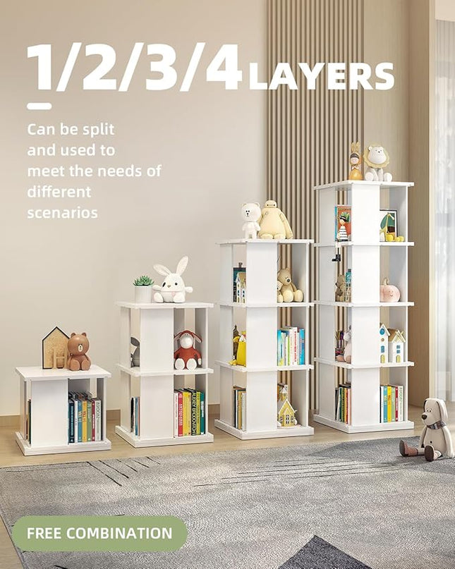 Rotating Bookshelf, 4-Shelf 360° Solid Wood Book shelf Tower, Stackable Revolving Bookcase Organizer for Living Room, Bedroom, Study(White 4 Tier) - LeafyLoom