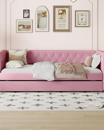 Twin Size Tufted Upholstered Daybed with Trundle, Solid Wood Velvet Bed with Rivet Design, No Box-spring Needed, for Living Room, Bedroom, Dorm, Space-Saving Design - LeafyLoom