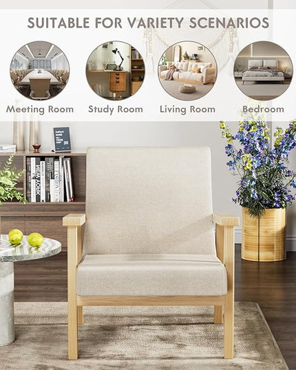 YESHOMY Mid-Century Modern Accent Chair with Solid Wood Frame and Thick Cushion for Living Room, Bedroom, Home Office, Set of 2, Beige - LeafyLoom