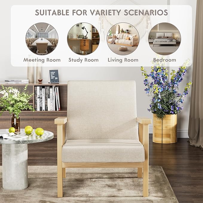 YESHOMY Mid-Century Modern Accent Chair with Solid Wood Frame and Thick Cushion for Living Room, Bedroom, Home Office, Set of 2, Beige - LeafyLoom