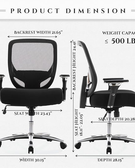 COLAMY Big and Tall Office Chair 500lbs, Heavy Duty Ergonomic Mesh Chair, Computer Executive Desk Chair with Wide Thick Seat, 4D Armrests, Adjustable Lumbar Support and Tilt-Black - LeafyLoom