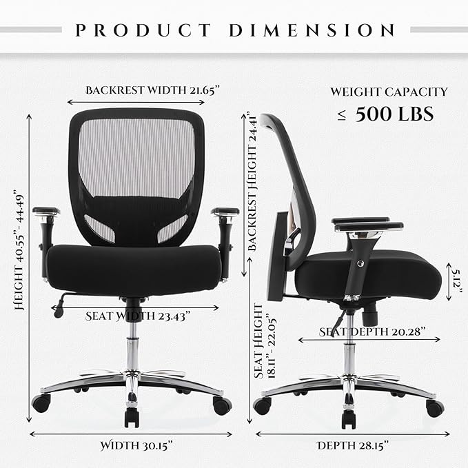 COLAMY Big and Tall Office Chair 500lbs, Heavy Duty Ergonomic Mesh Chair, Computer Executive Desk Chair with Wide Thick Seat, 4D Armrests, Adjustable Lumbar Support and Tilt-Black - LeafyLoom