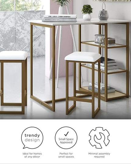 Dorel Living Tanner 3-Piece Brass Pub Set with Faux Marble Top, White - LeafyLoom