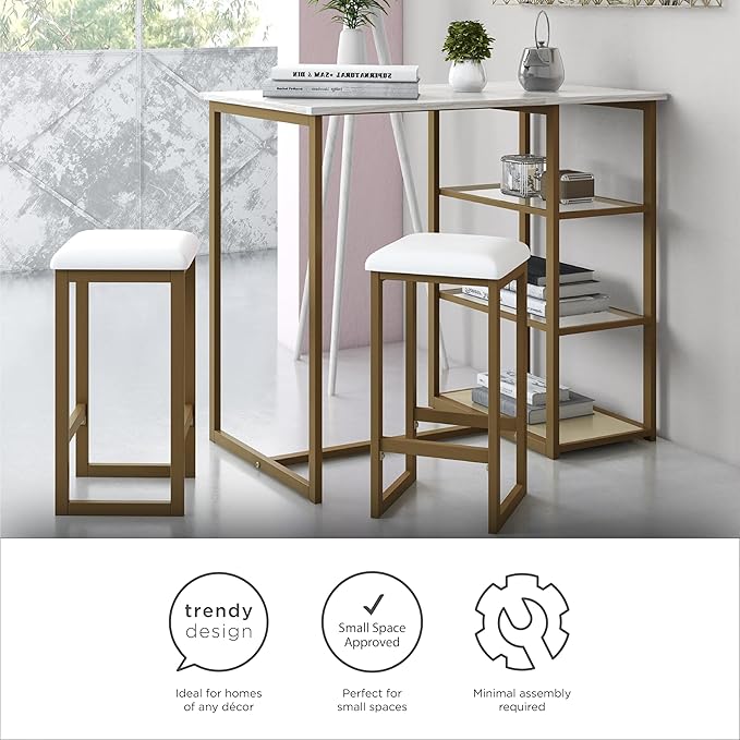 Dorel Living Tanner 3-Piece Brass Pub Set with Faux Marble Top, White - LeafyLoom