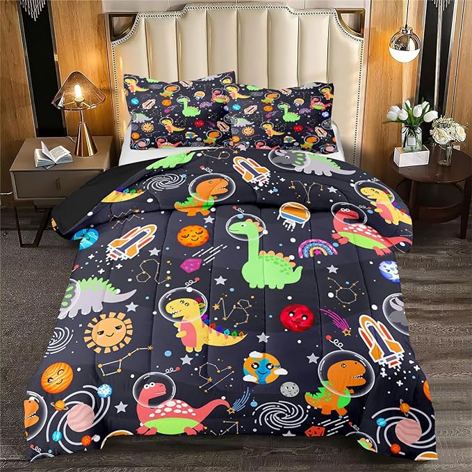 Cartoon Dinosaur Comforter Set - Boys Full Size Dinosaur Bedding Set for Bedroom Dinosaur Quilt with 2 Pillowcases for Kids Girls Boys Room Decor Lightweight Dino Comforter for All-Season, 3 Pieces - LeafyLoom