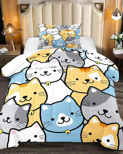 Cat Comforter Twin Size Cartoon Cat Comforter Set Cute Cat Print Bedding Sets for Girls Room Kids Cat Twin Quilt Set, 1 Comforter+1 Pillowcase - LeafyLoom