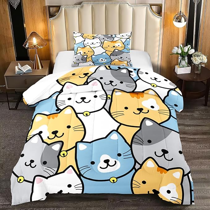 Cat Comforter Twin Size Cartoon Cat Comforter Set Cute Cat Print Bedding Sets for Girls Room Kids Cat Twin Quilt Set, 1 Comforter+1 Pillowcase - LeafyLoom