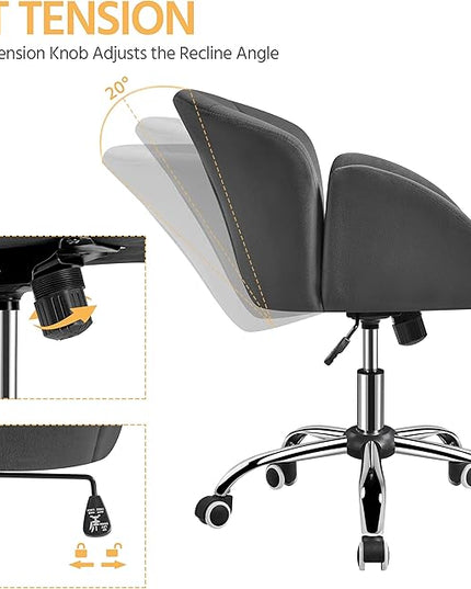 Yaheetech Cute Velvet Desk Chair for Home Office, Makeup Vanity Chair with Armrests for Bedroom Modern Swivel Rolling Chair for Women Dark Gray - LeafyLoom