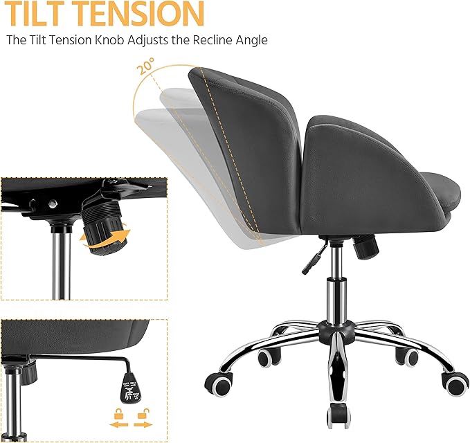Yaheetech Cute Velvet Desk Chair for Home Office, Makeup Vanity Chair with Armrests for Bedroom Modern Swivel Rolling Chair for Women Dark Gray - LeafyLoom