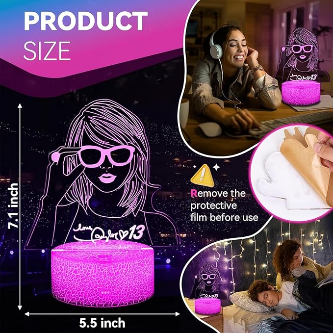 Taylor Cool Night Light：Gift 3D Night Light 16 Colors Changing LED Lamp Decoration for Girls Singer Albums Inspired Merchandise Gift Table Lamp for Party Birthday Festival Gifts - LeafyLoom