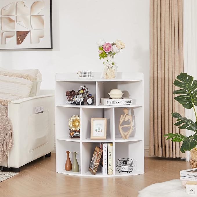 Vecelo 3-Tier Corner Cabinet with 8 Cubbies, Wooden Cube Storage Organizer, Modern Bookshelf Units for Playroom, Bedroom, Living Room,Pearl White - LeafyLoom