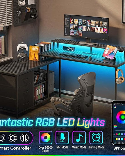 Seventable L Shaped Computer Desk with Drawers, Reversible Gaming Desk with LED Lights & Charging Port, Corner Desk with Storage Shelves & Monitor Stand for Home Office Carbon Fiber Black - LeafyLoom