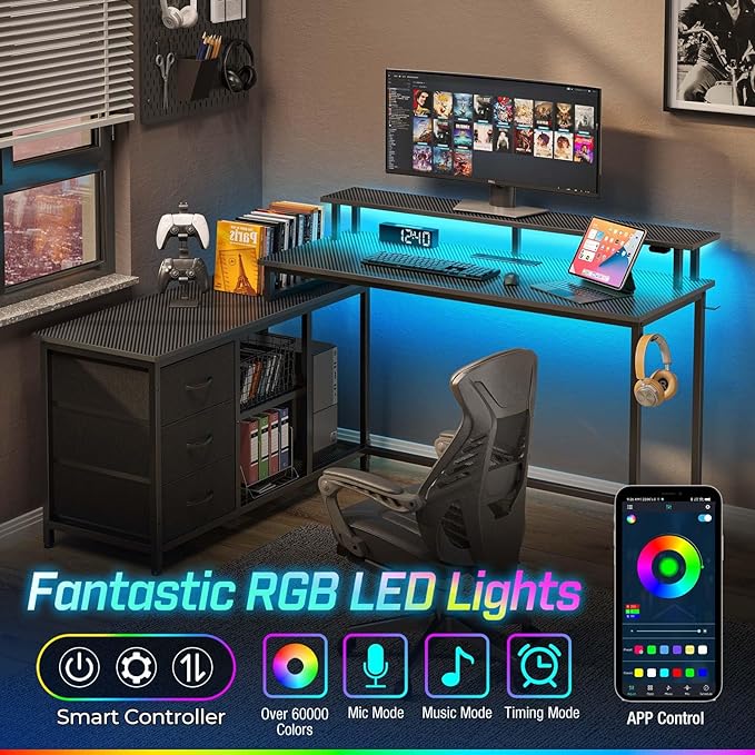 Seventable L Shaped Computer Desk with Drawers, Reversible Gaming Desk with LED Lights & Charging Port, Corner Desk with Storage Shelves & Monitor Stand for Home Office Carbon Fiber Black - LeafyLoom
