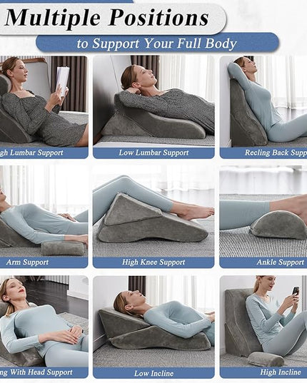 Axelrod Bed Wedge Pillow Set Foam | Adjustable Pillows for Back, Leg and Knee Pain Relief | Post Surgery Ortho Pillow – Anti Snoring, Heartburn, Acid Reflux & GERD- Grey - LeafyLoom