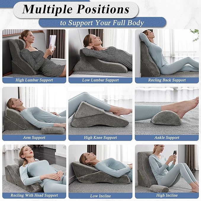 Axelrod Bed Wedge Pillow Set Foam | Adjustable Pillows for Back, Leg and Knee Pain Relief | Post Surgery Ortho Pillow – Anti Snoring, Heartburn, Acid Reflux & GERD Grey - LeafyLoom