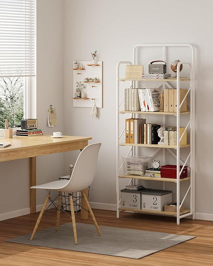 JSB No Assembly Folding Bookshelf, 5 Tier Industrial Metal Book Shelf for Storage, Vintage Wood foldable Bookcase for Living Room, Bedroom, Office Organization Shelves - LeafyLoom