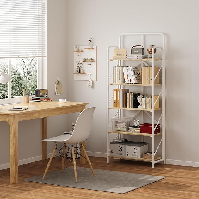 JSB No Assembly Folding Bookshelf, 5 Tier Industrial Metal Book Shelf for Storage, Vintage Wood foldable Bookcase for Living Room, Bedroom, Office Organization Shelves - LeafyLoom