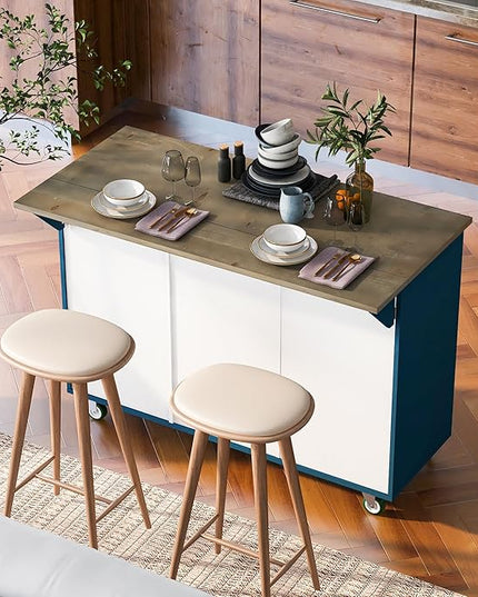 Retro Mountain Wood 47" D Rolling Island with Drop Leaf, Farmhouse Cart on Wheels with Internal Storage Towel Rack for Kitchen, Dining Room, Navy Blue, 51.57 Inch - LeafyLoom