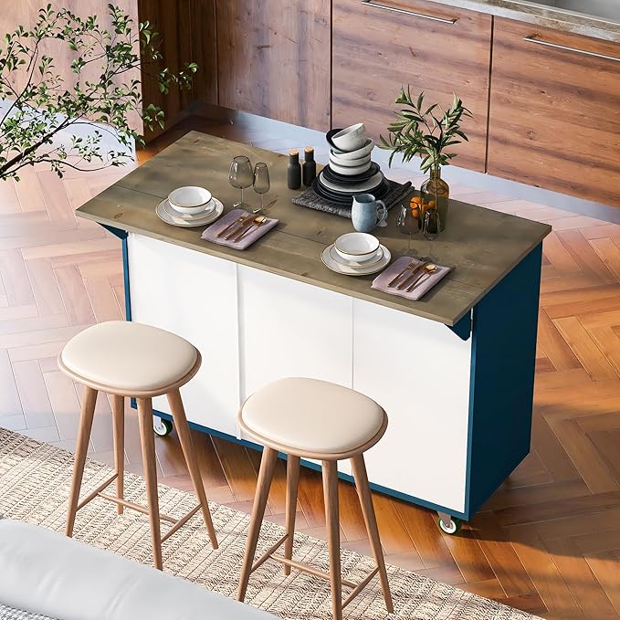 Retro Mountain Wood 47" D Rolling Island with Drop Leaf, Farmhouse Cart on Wheels with Internal Storage Towel Rack for Kitchen, Dining Room, Navy Blue, 51.57 Inch - LeafyLoom