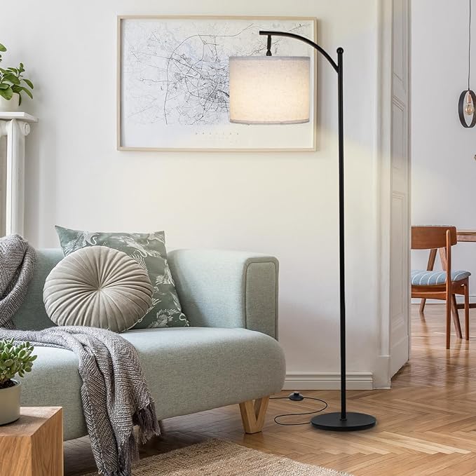 Modern Floor Lamp, 3-Ways Dimmable Standing Lamp with Linen Shade, Adjustable Height, Foot-Step Switch, Reading Lamp for Living Room, Bedroom, Office, 9W Bulb Included (Black) - LeafyLoom