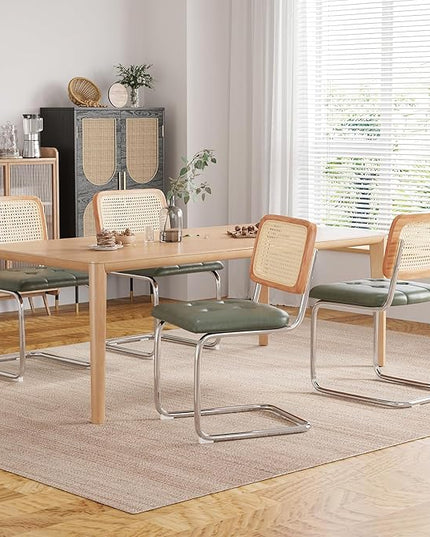 Farini Kitchen Dining Chairs Set of 2,Mid-Century Modern Chair Armless Mesh Backrest Cane Rattan Chairs for Home Dining Room(Blackish Green,PU Leather) - LeafyLoom