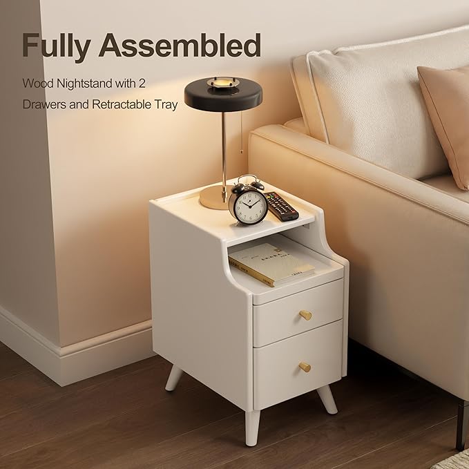 Solid Wood Nightstand, Nightstand with Drawers, Walnut Bedside Table for Bedroom - LeafyLoom