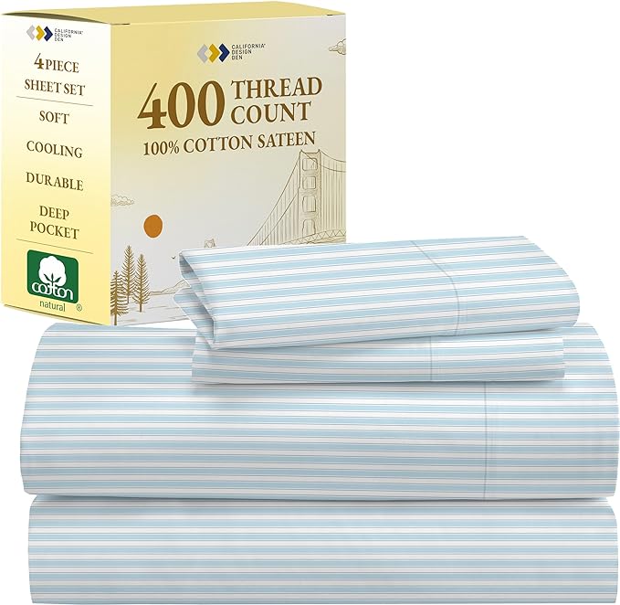 California Design Den Striped Bed Sheets Queen Size, 4 Piece 100% Cotton Sheets Set, Luxury 400 Thread Count Sateen, Deep Pocket Queen Sheets Printed Pattern (Cape Stripe) - LeafyLoom