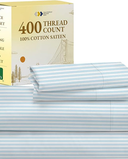 California Design Den Striped Bed Sheets Full Size, 4 Piece 100% Cotton Sheets Set Luxury 400 Thread Count Sateen, Deep Pocket Full Sheets Printed Pattern (Cape Stripe) - LeafyLoom