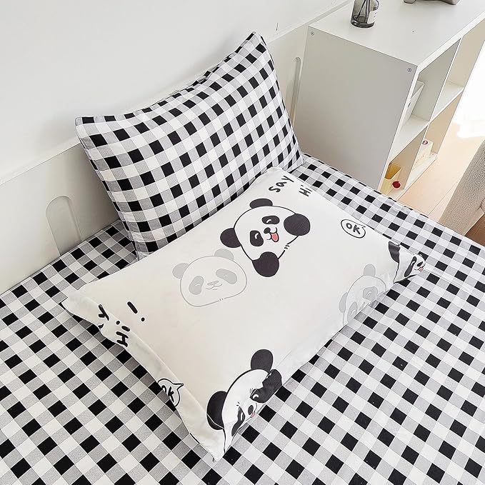 7 Piece Kids Panda Comforter Set Full Size - Black White Cute Panda Bedding Set Bed in A Bag for Girls Boys Teens - Soft Comfortable Machine Washable Bed Set - LeafyLoom
