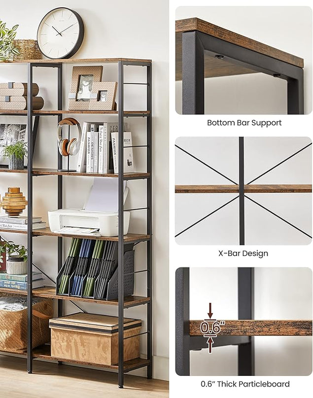VASAGLE 6-Tier Tall Bookshelf, Bookcase, Large Metal Shelf, 11.8 x 47.2 x 67.9 Inches, for Living Room, Kitchen, Pantry, Study, Home Office, Rustic Brown and Black ULLS114B01 - LeafyLoom