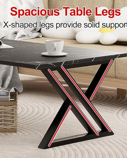 Coffee Table Living Room Table Black Center Table, Simple Modern Faux Marble Rectangular Tea Table with Sturdy Black-Finished Metal Frame,Industrial Wooden Coffee Table for Bedroom Home Office - LeafyLoom
