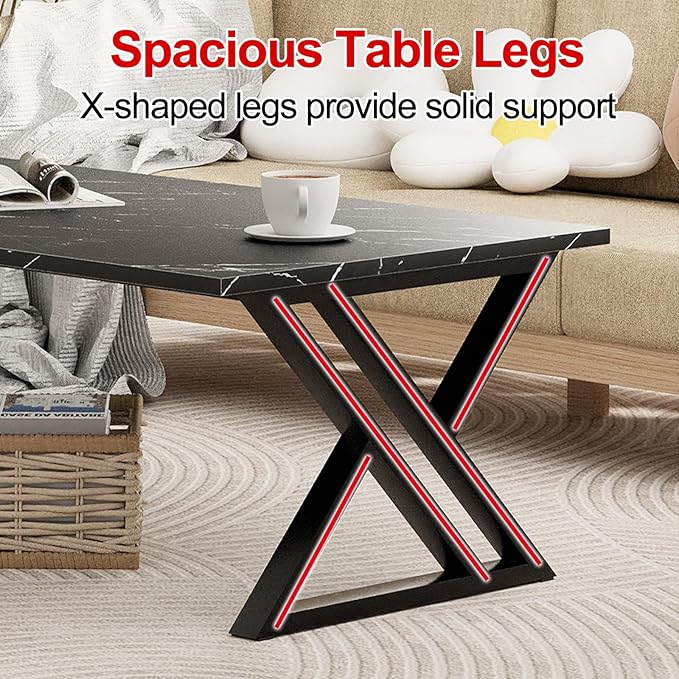 Coffee Table Living Room Table Black Center Table, Simple Modern Faux Marble Rectangular Tea Table with Sturdy Black-Finished Metal Frame,Industrial Wooden Coffee Table for Bedroom Home Office - LeafyLoom