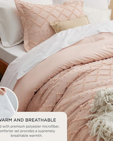 Bedsure Full Size Comforter Set - Coral Pink Comforter, Boho Tufted Shabby Chic Bedding Comforter Set, 3 Pieces Vintage Farmhouse Bed Set for All Seasons, Fluffy Bedding Set with 2 Pillow Shams - LeafyLoom