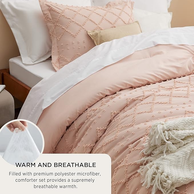 Bedsure Twin/Twin XL Comforter Set - Coral Pink Boho Twin Extra Long Comforter Set for College, Shabby Chic Dorm Bedding Set, 2 Pieces Modern Farmhouse Bed Set, includes 1 Pillow Sham - LeafyLoom