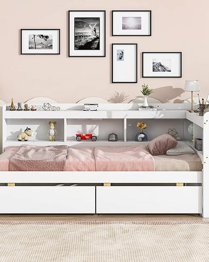 Twin Size Platform 2 Storage Drawers and L-Shaped Bookcases, Wooden Captain Bed Daybed Frame with Headboard for Bedroom, Living Room, White - LeafyLoom