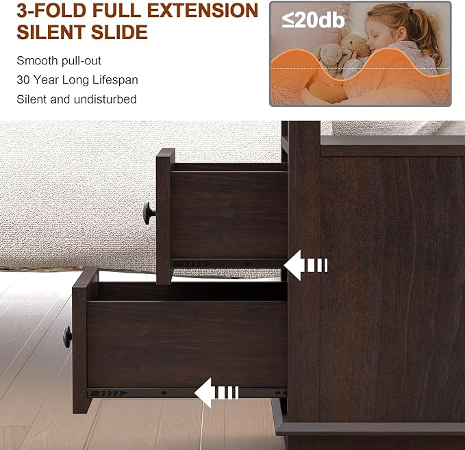 HIFYOBRO End Table with 2 Drawers, Storage Side Table with Flip Top Fast Charging Station, Type-C & USB port & Power outlets, Wooden Storage Cabinet for Living Room and Bedroom - LeafyLoom