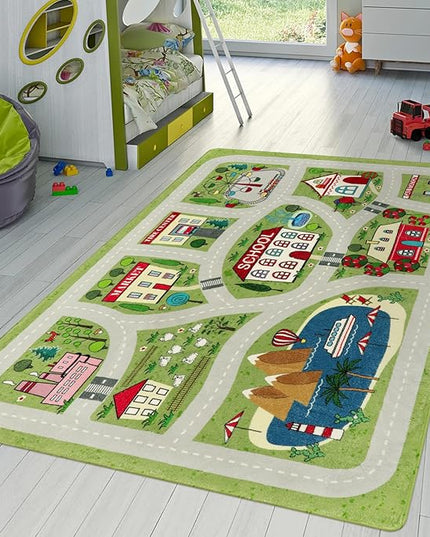 LIVEBOX Green Kids Playroom Rug, 5'x7' Washable Road Rug for Kids Room, Non-Slip Soft Car Rug Play Mat for Baby Nursery, Large City Traffic Rug Classroom for Boys Girls Dorm Toy Room Tent - LeafyLoom