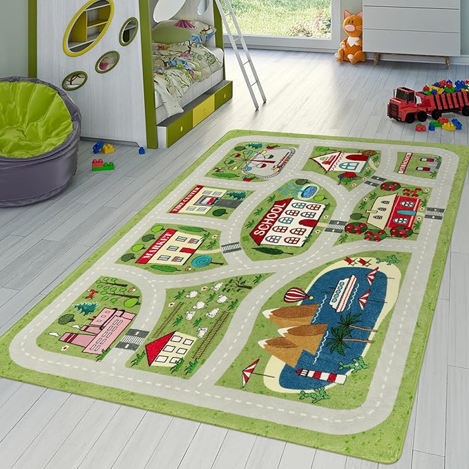 LIVEBOX Green Kids Playroom Rug, 5'x7' Washable Road Rug for Kids Room, Non-Slip Soft Car Rug Play Mat for Baby Nursery, Large City Traffic Rug Classroom for Boys Girls Dorm Toy Room Tent - LeafyLoom