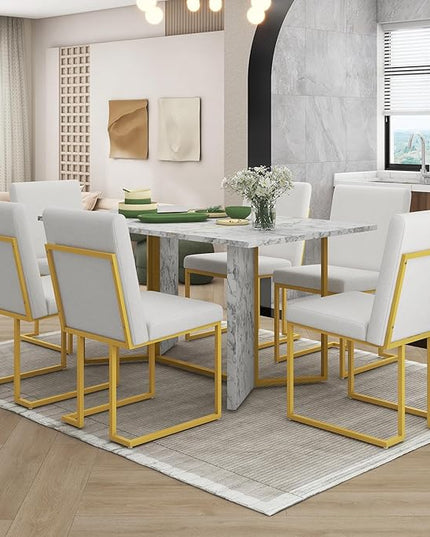 7-Piece Modern Dining Table Set, Artificial Marble Sticker Tabletop and 6 Upholstered Linen Chairs All with Golden Steel Legs for Dinette Room and Kitchen (White+Gold), 60" L x 36" W x 30" H - LeafyLoom