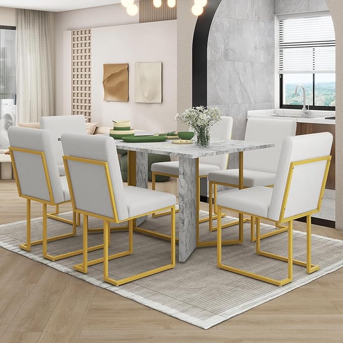 7-Piece Modern Dining Table Set, Artificial Marble Sticker Tabletop and 6 Upholstered Linen Chairs All with Golden Steel Legs for Dinette Room and Kitchen (White+Gold), 60" L x 36" W x 30" H - LeafyLoom
